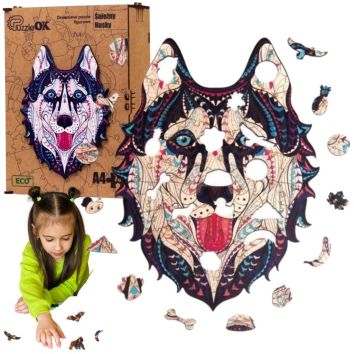 Puzzle drewniane eko 73 Śnieżny husky A4