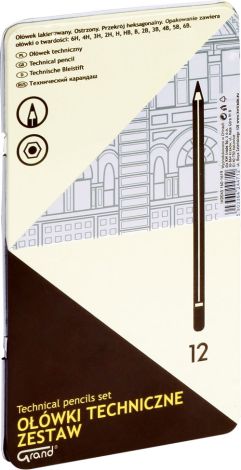 Ołówki techniczne 12 szt - metalowe pudełko GRAND